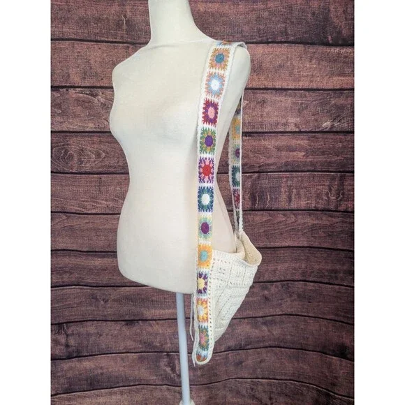 Womens Crochet Granny Square Tote Purse Shoulder Bag - Picture 2 of 6